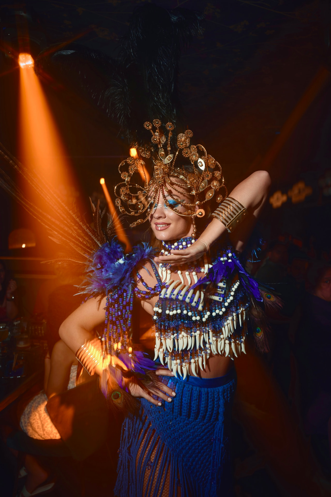 Performer in a blue feathered carnaval costume under stage light